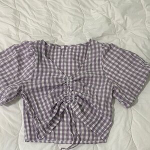 YesStyle Lavender Checkered Ruched Blouse